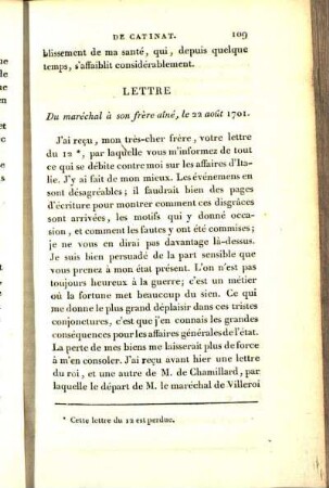 Lettre Du maréchal à son frère aîné, le 22 août 1701.