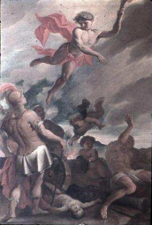 Antikische Szene mit Schlachtfeld und Apoll auf dem Sonnenwagen (Allegorie des Krieges?)
