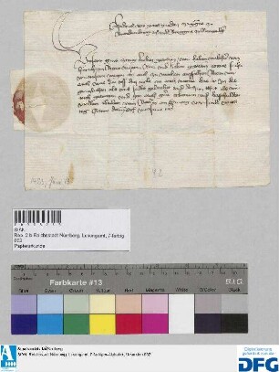 Credenzbrief des Markgrafen Friedrich von Brandenburg für Walther von Huernheim bei der Stadt Nürnberg.