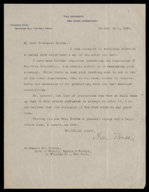 Nr. 5 Brief von Arthur Twining Hadley an Otto von Gierke. New Haven, Connecticut, 16.10.1909