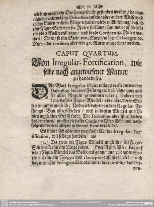 CAPUT QUARTUM. Von Irregular-Fortification, wie selbe nach angewiesener Manier zu handeln sey.
