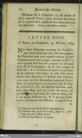 Lettre DXXIII. A Paris, ce Vendredi, 25. Février, 1689