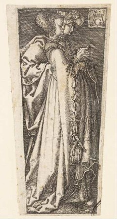 Ornamentstich für eine Dolchscheide mit einem jungen Paar an der Spitze (Fragment)