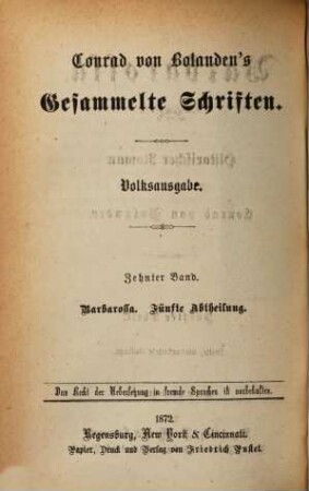 Conrad von Bolanden's Gesammelte Schriften, 10. Barbarossa ; Th. 5 : historischer Roman