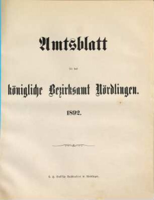 Amtsblatt für das Bezirksamt Nördlingen. 1892