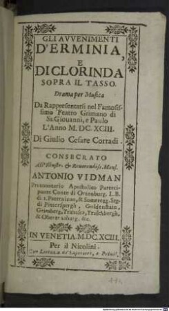 Gli avvenimenti d'Erminia, e di Clorinda