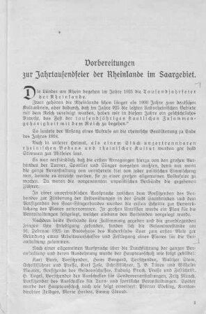 Vorbereitungen zur Jahrtausendfeier der Rheinlande im Saargebiet.