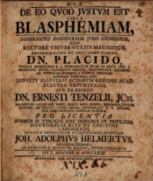 De Eo Qvod Jvstvm Est Circa Blasphemiam : Dissertatio Inavgvralis Jvris Criminalis