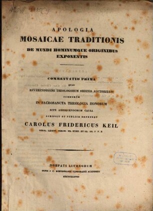 Apologia Mosaicae traditionis de mundi hominumque originibus exponentis : Commentatio prima