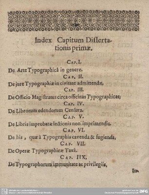 Index Capitum Dissertationis primae.
