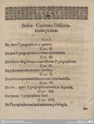 Index Capitum Dissertationis primae.