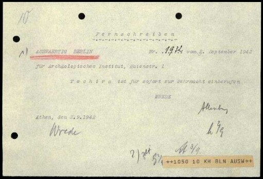 W. Wrede an DAI Zentrale