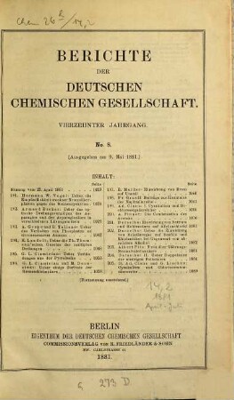 Berichte der Deutschen Chemischen Gesellschaft. 14. 1881, [2.]