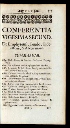Conferentia Vigesima Secund. De Emphyteusi, Feudo, Fidejussione, & Assecuratione
