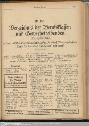 IV. Teil. Berufsklassen und Gewerbebetriebe : IV. Teil. Verzeichnis der Berufsklassen und Gewerbetreibenden