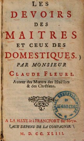 Les devoirs des maitres et ceux des domestiques ...