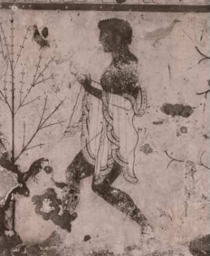 Etruskisches Fresko, Tomba del Triclinio in Corneto : Corneto (Tarquinia). Etruskisches Fresko mit Bankett-, Spiel- und Tanzszene aus einer Grabkammer, Tomba del Triclinio (tomba del convito). Ausschnitt der rechten Seitenwand mit Aulosbläser. 480/450 vor Christi. Museo archeologico nazionale (Tarquinia)