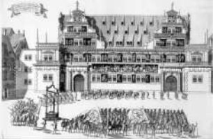 Stallhof des Dresdener Schlosses mit Vordergrundszene: Musterung der Garde (aus: Tzschimmer: Die durchlauch tigste Zusammenkunft ...)