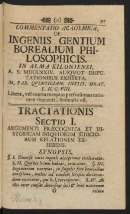 Tractationis Sectio I. Argumenti Praecognita Et Historicam Iniquiorum Iudiciorum Relationem Exhibens. Synopsis.