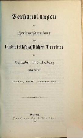 Verhandlungen der Kreisversammlung des Landwirtschaftlichen Vereins für Schwaben und Neuburg. 1883, 24. Sept.