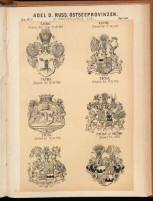 Taf. 184. - Taube. Schwed. Nat. Dipl. 11.VIII.1668. - Taube. Schwed. Grf. 12.XII.1734. - Taube. Schwed. Grf. 12.XII.1734. - Taube. Schwed. Grf. 17.IV.1719. - Taube. Schwed. Grf. 12.XII.1734. - Taube auf Odenkat. Schwed. Frh. 1692.
