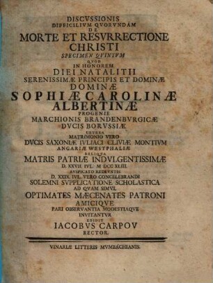 Difficilivm Qvorvndam De Morte Et Resvrrectione Christi Discvssio, Specimen Quintum