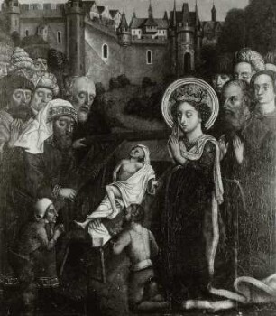 Anbetung der Jesuskindes durch die Könige : Lugau/Erzgebirge. Teil eines Altarflügels (Rückseite), sichergestellt in Lugau, vor der Restaurierung, Dezember 1953