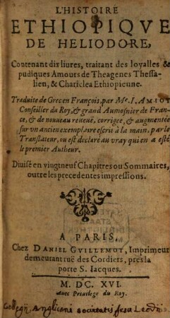 Histoire Aethiopique : contenant dix Livres ...