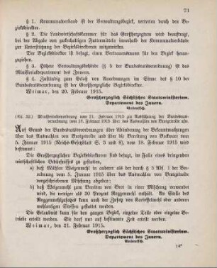 Nr. 32: Ministerialverordnung vom 21. Februar 1915 zur Ausführung der Bundesratsverordnung vom 18. Februar 1915 über das Ausmahlen von Brotgetreide usw.