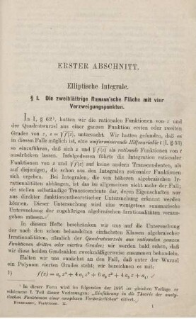 Erster und Zweiter Abschnitt. Elliptische Integrale. Elliptische Funktionen.