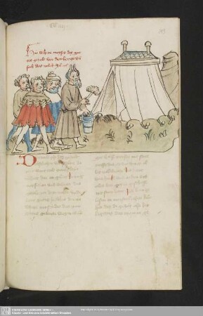 143r: kolorierte Federzeichnung: Moses weiht das Bundeszelt