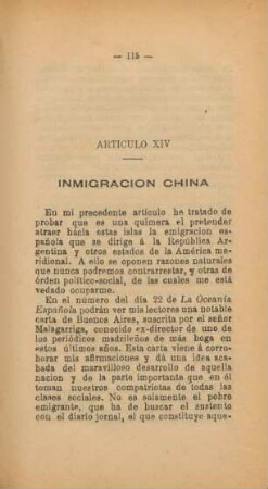 Artículo XIV. Inmigración China