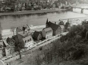 Meißen, Blick von der Burg über die Elbe gegen Elbbrücke und rechtes Flußufer
