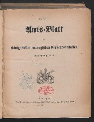 1878: Amtsblatt der Württembergischen Verkehrsanstalten