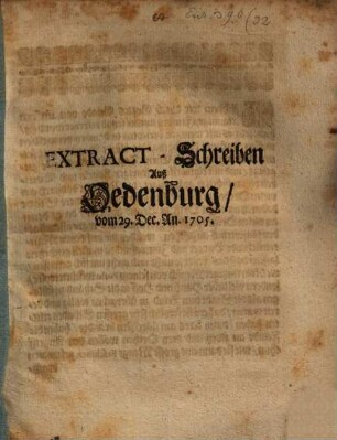 Extract-Schreiben aus Oedenburg vom 29. Dec. Anno 1705