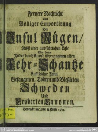 Fernere Nachricht Von Völliger Emportirung Der Insul Rügen