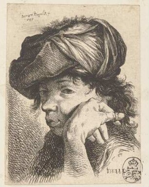 Bildnis eines Mannes im Halbprofil nach links mit aufgestützter Hand, aus der Folge "Prove d'aqua forte" oder "Têtes et Croquis", Bl. III