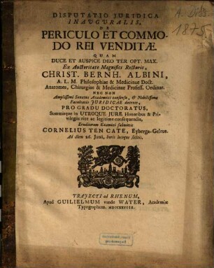 Disputatio Iuridica Inauguralis, De Periculo Et Commodo Rei Venditae