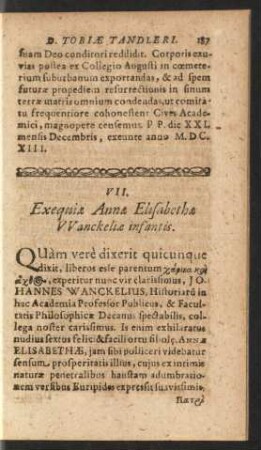 VII. Exequiae Annae Elisabethae Wanckeliae infantis.
