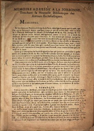 Mémoire adressé à la Sorbonne, touchant la Nouvelle Bibliotêque des Auteurs Eccles. de M. du Pin