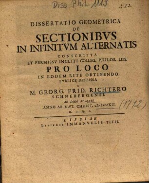 Dissertatio Geometrica De Sectionibvs In Infinitvm Alternatis