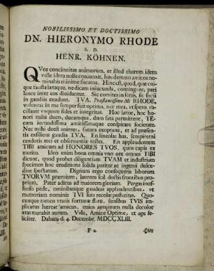 Nobilissimo Et Doctissimo Dn. Hieronymo Rhode S. D. Henr. Köhnen.