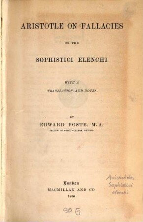 Aristotle on fallacies; or, the sophistici elenchi : with a transl. and notes