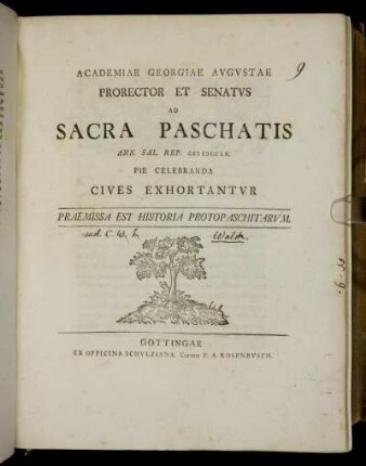 Academiae Georgiae Avgvstae Prorector Et Senatvs Ad Sacra Paschatis ... MDCCLX Pie Celebranda Cives Exhortantvr Praemissa Est Historia Protopaschitarvm