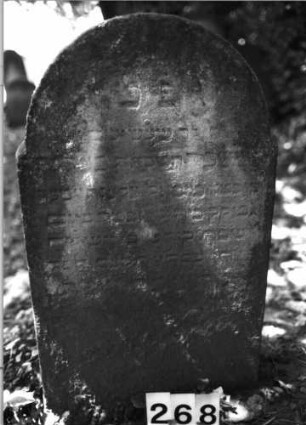 Grabstein 268 (Index: 100085128) Maße HxBxT: 86x52x15 cm Beschreibung: Stele, eingezog. Rundbogenabschl. , Schriftfeld eingetieft: Grabstein 268