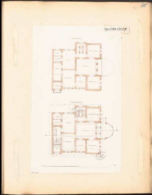 Villa, Gera Monatskonkurrenz April 1878: Grundriss Erdgeschoss, Obergeschoss 1:100; Maßstabsleiste