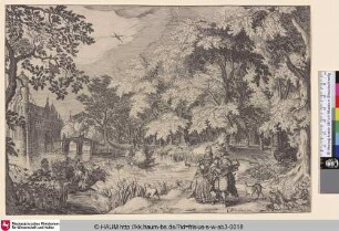 [Landschaft mit einem Wasserschloss; Landscape with a Castle (Loenerslot) to the Left]