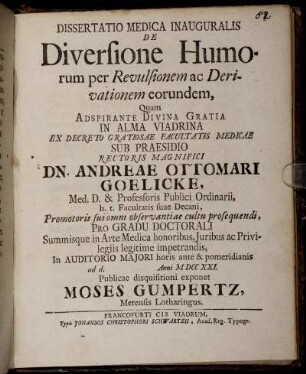 Dissertatio Medica Inauguralis De Diversione Humorum per Revulsionem ac Derivationem eorundem