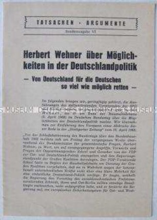 Heft aus der Schriftenreihe der SPD "Tatsachen - Argumente" mit Auszügen aus einer Rede von Herbert Wehner zur Deutschlandpolitik