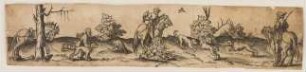 Eine Gruppe Jäger mit Jagdhunden und -vögeln